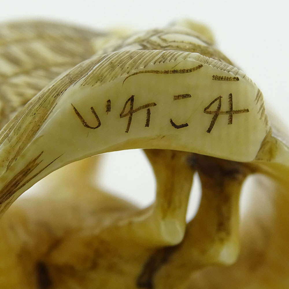 Early 20th Century Japanese Baisho Shop Carved Netsuke In The Form of a Stork and Turtle.