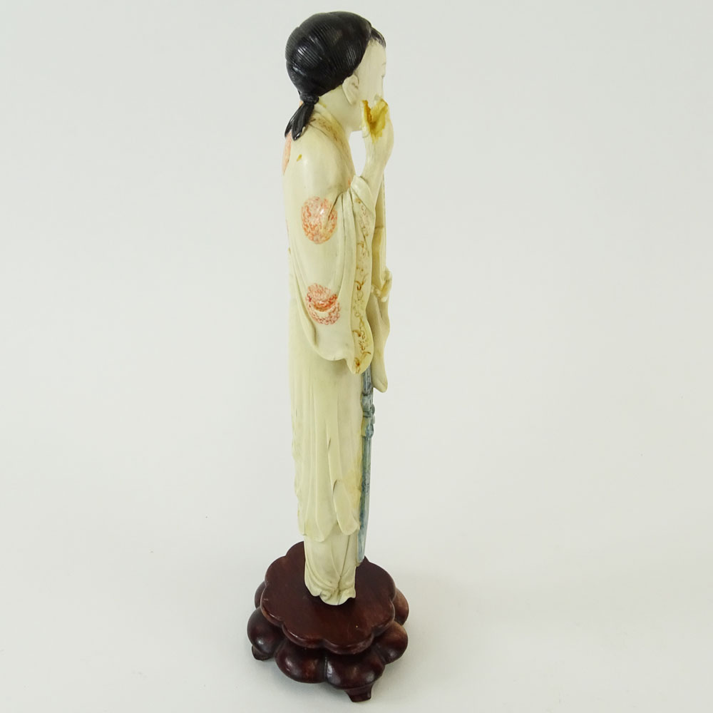 Chinese Carved Polychrome Ivory Maiden Figure on Carved Wood Base. Unsigned