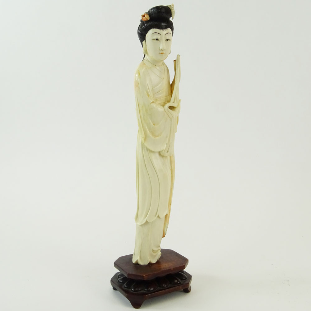 Chinese Carved Polychrome Ivory Maiden Figure on Carved Wood Base.