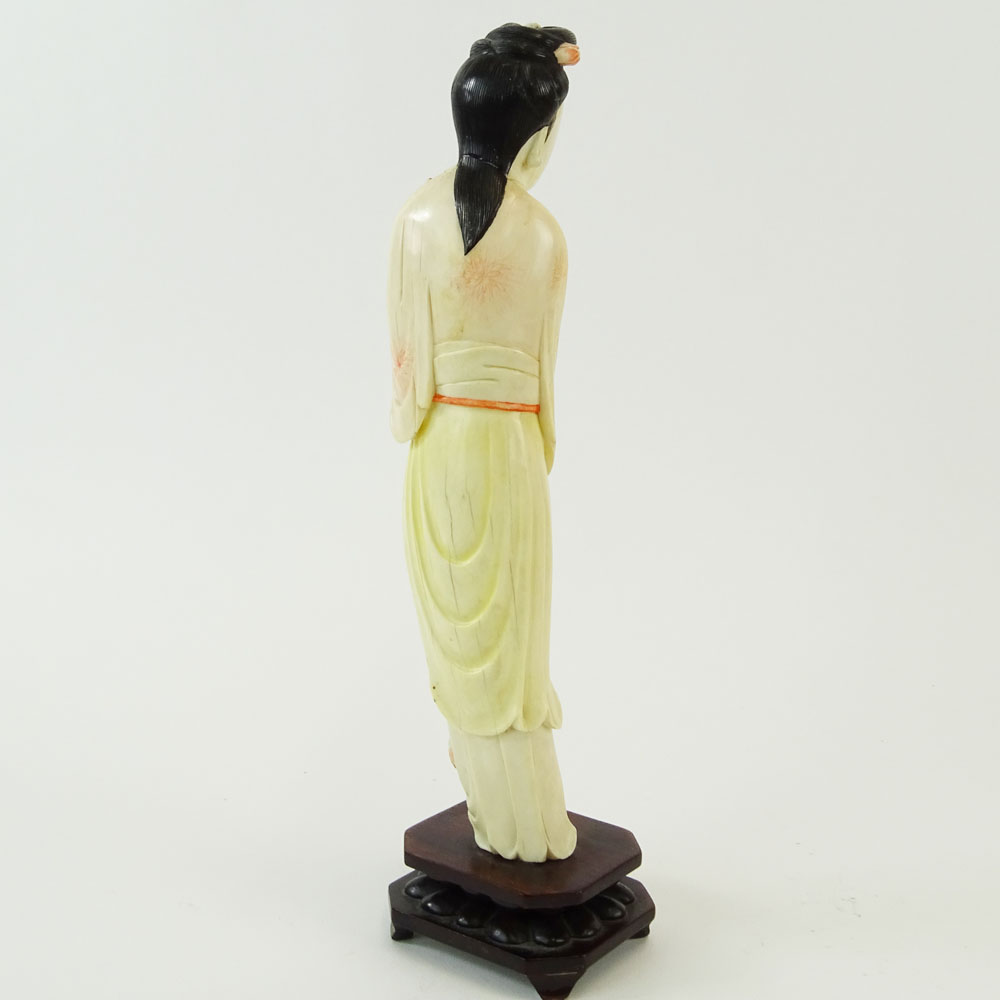 Chinese Carved Polychrome Ivory Maiden Figure on Carved Wood Base.