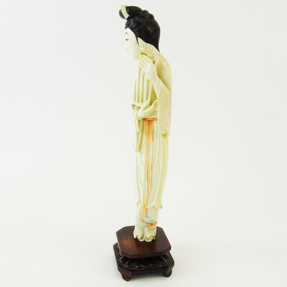 Chinese Carved Polychrome Ivory Maiden Figure on Carved Wood Base.