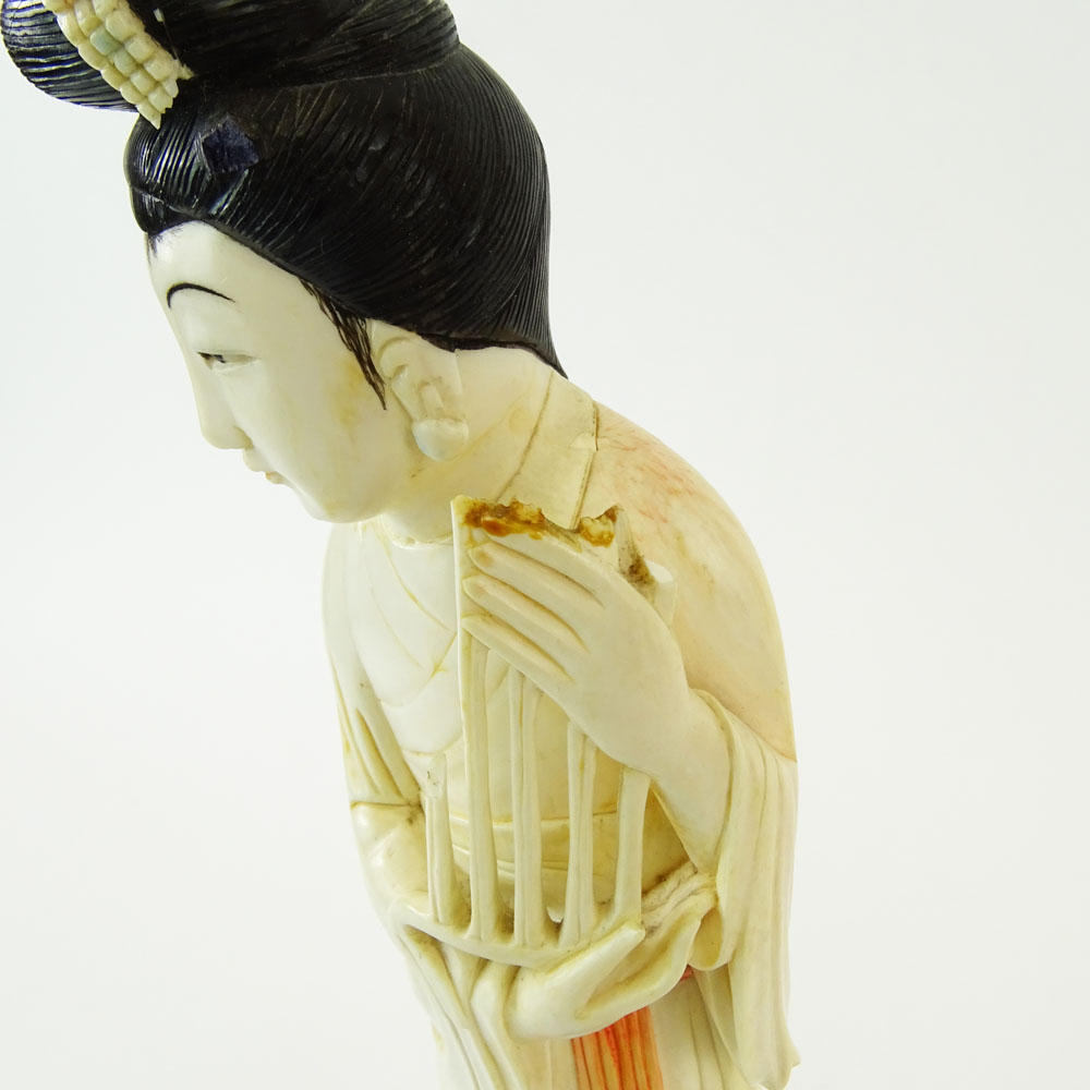 Chinese Carved Polychrome Ivory Maiden Figure on Carved Wood Base.