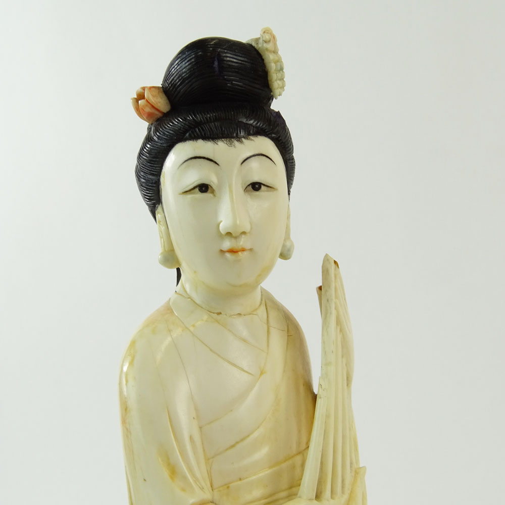 Chinese Carved Polychrome Ivory Maiden Figure on Carved Wood Base.