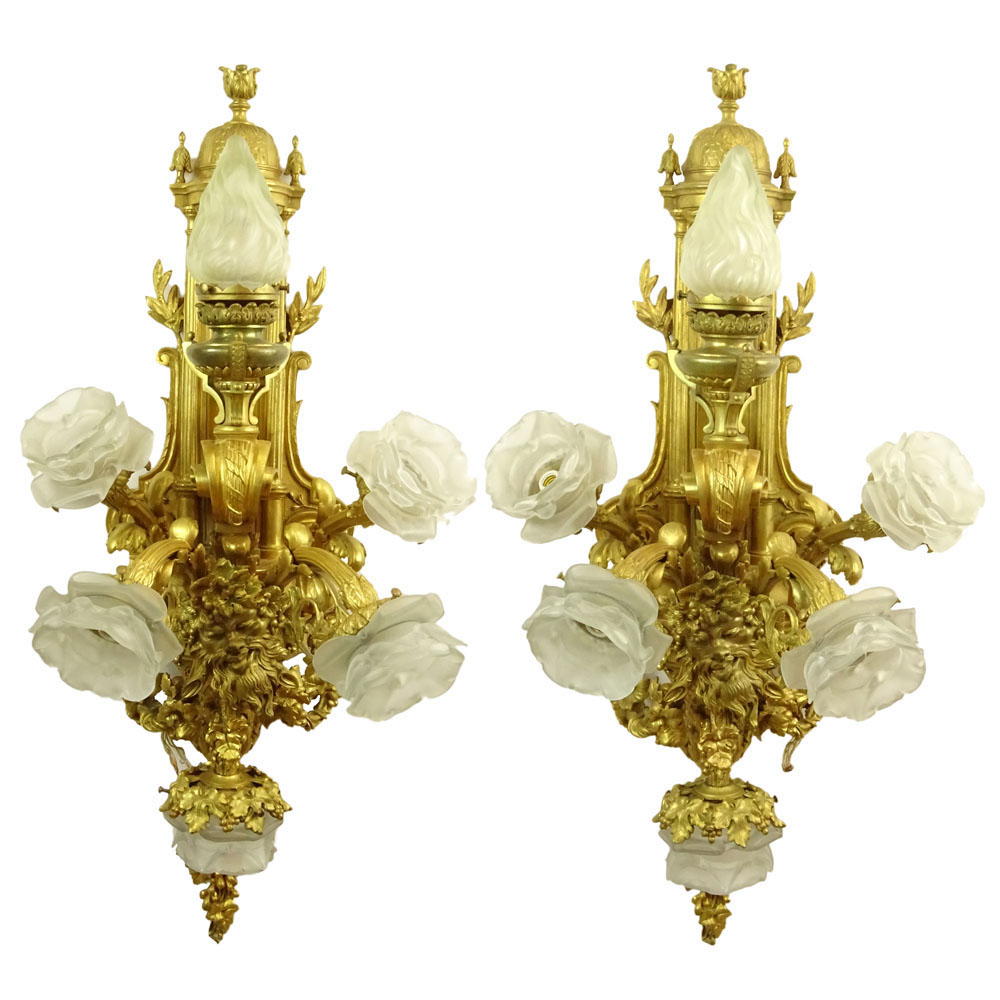 Large and Heavy French Gilt Bronze Six (6) Light Sconces