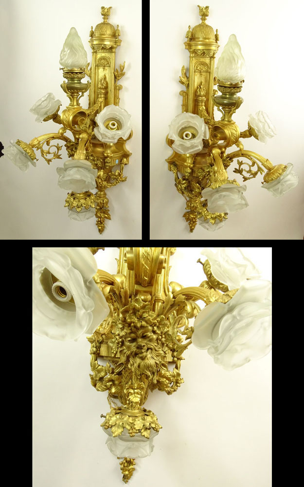 Large and Heavy French Gilt Bronze Six (6) Light Sconces