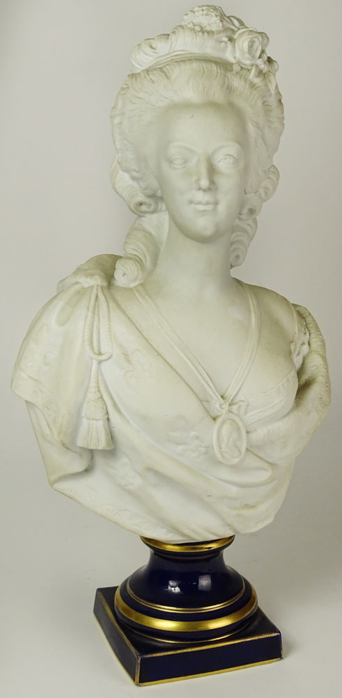after: Felix Lecomte, French (1737-1817) Bisque Bust on Cobalt Porcelain Base "Marie Antoinette" 