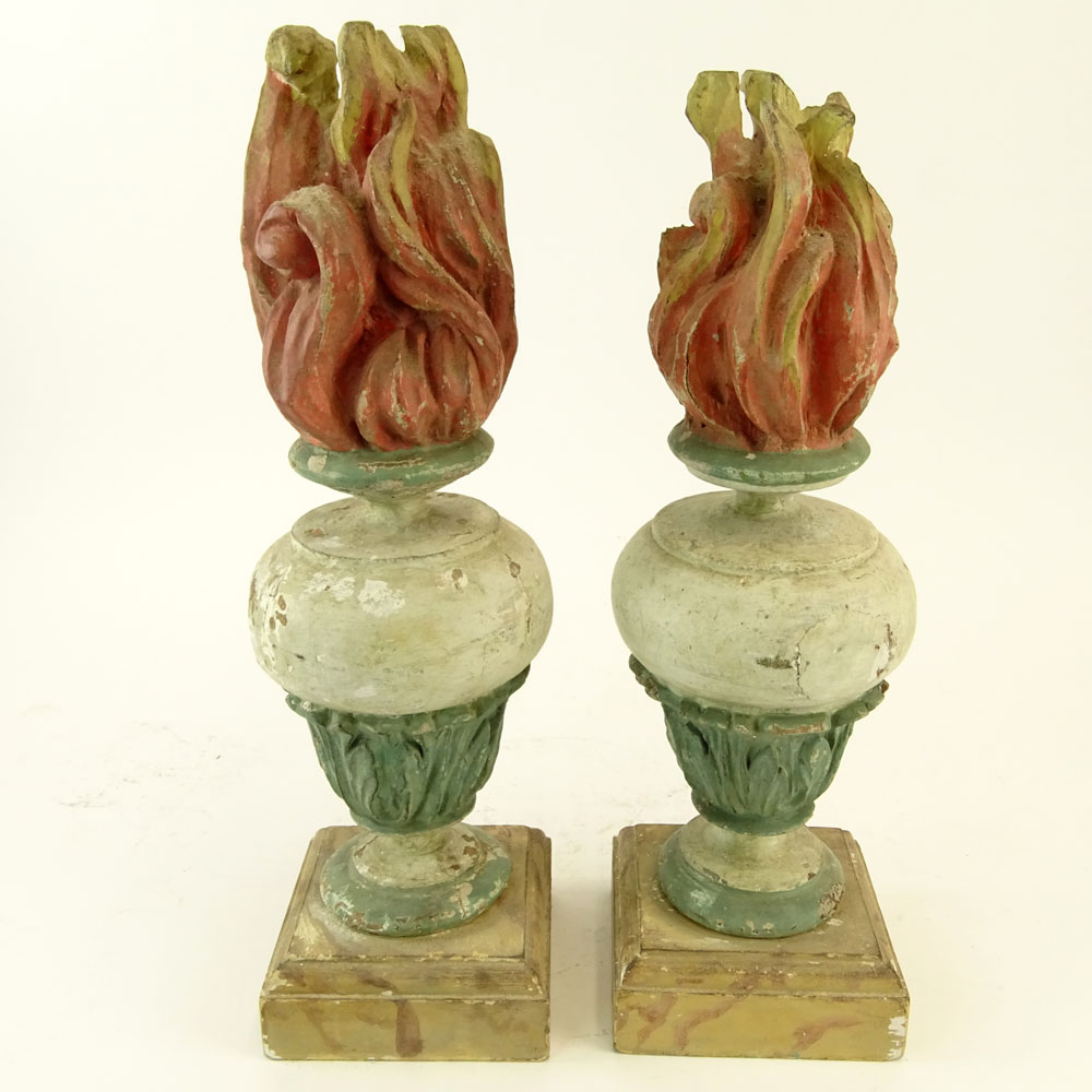 Pair 20th Century Probably Italian Painted Carved Wood Torch Finials.