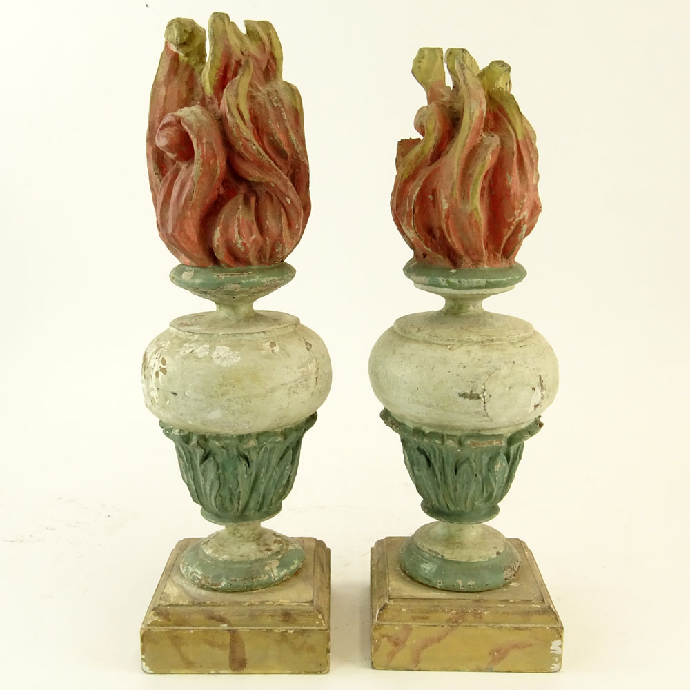 Pair 20th Century Probably Italian Painted Carved Wood Torch Finials.