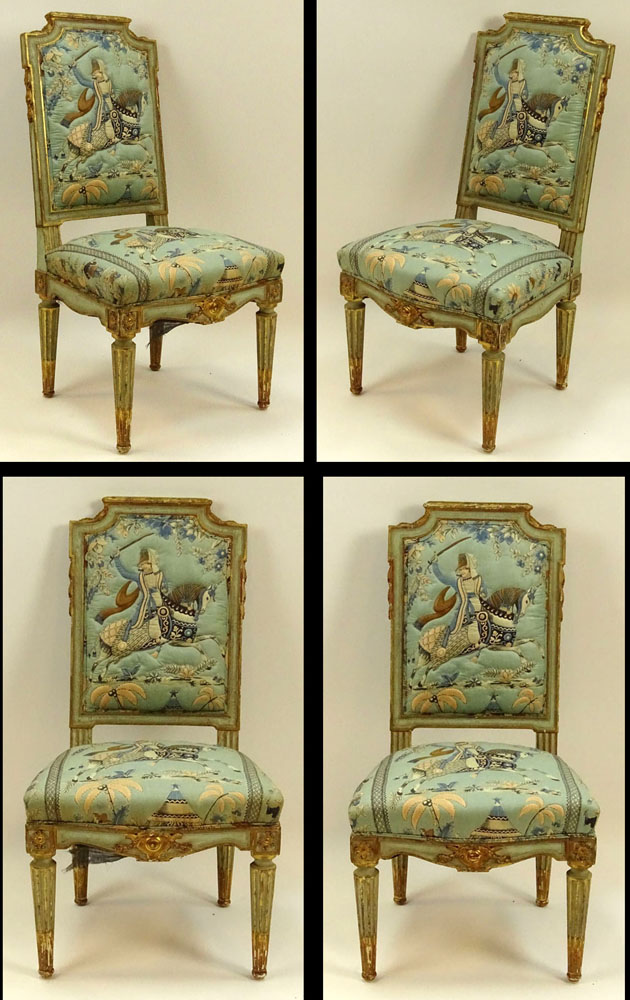 19th Century French Louis XVl Style, carved painted and parcel gilt 5 piece salon set.