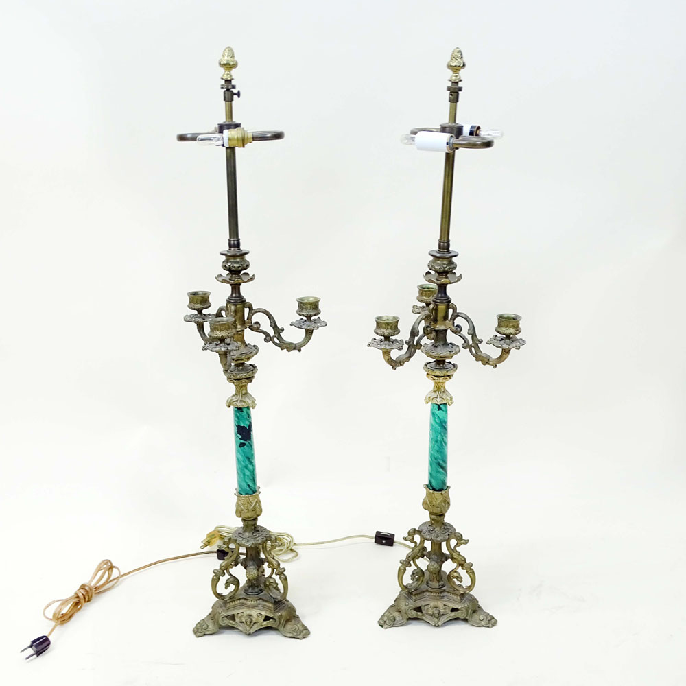 Pair Mid-Century Bronze 3 Arm Candelabra with Malachite Veneer as Lamps.