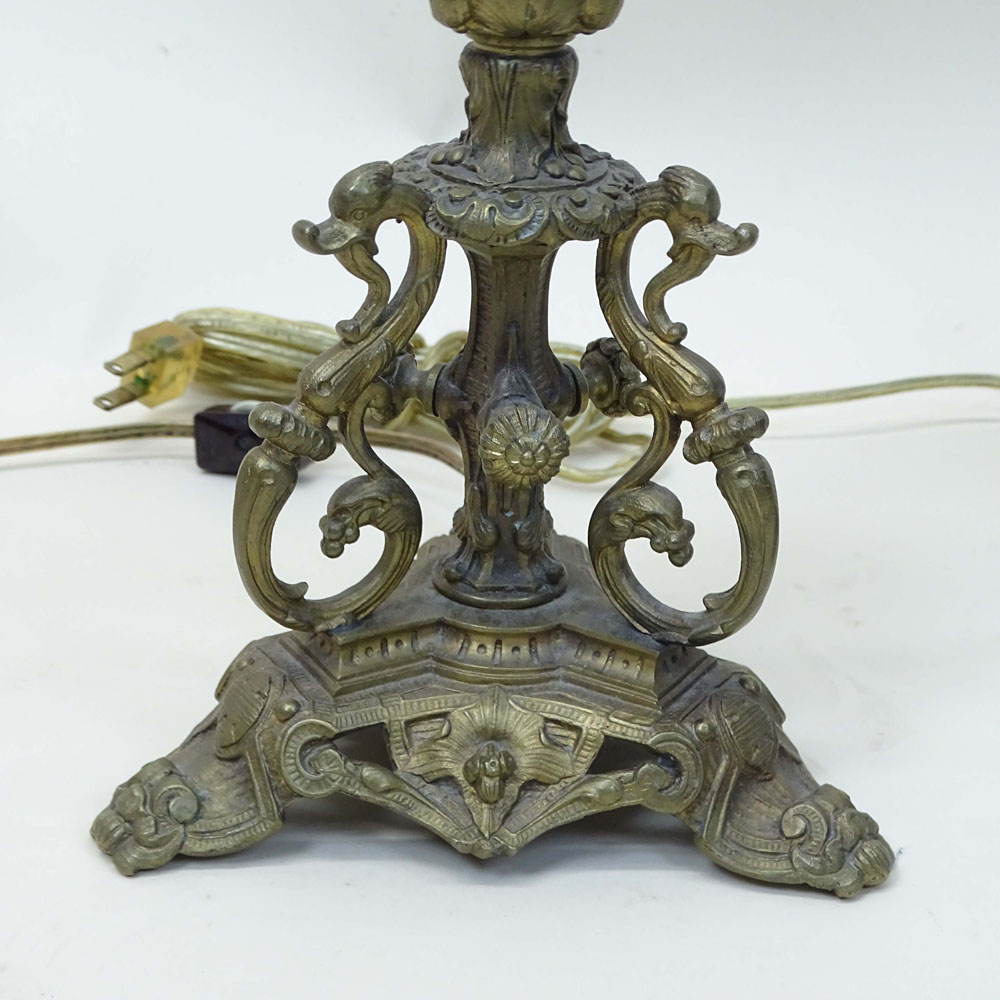 Pair Mid-Century Bronze 3 Arm Candelabra with Malachite Veneer as Lamps.