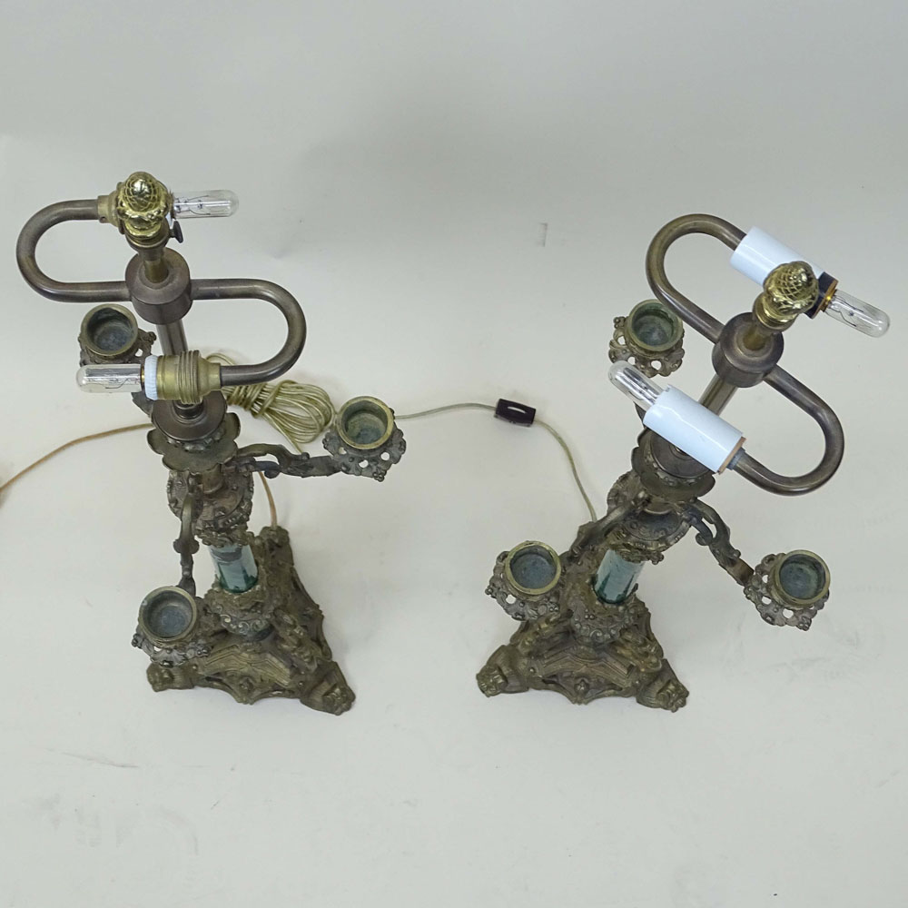 Pair Mid-Century Bronze 3 Arm Candelabra with Malachite Veneer as Lamps.