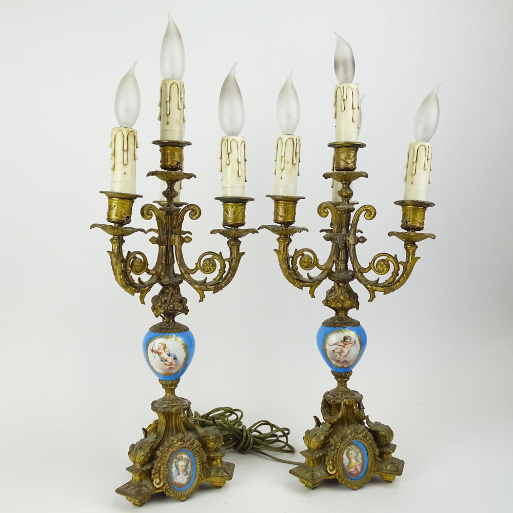 Pair Antique French Gilt Bronze and Porcelain Four (4) Light Lamps.
