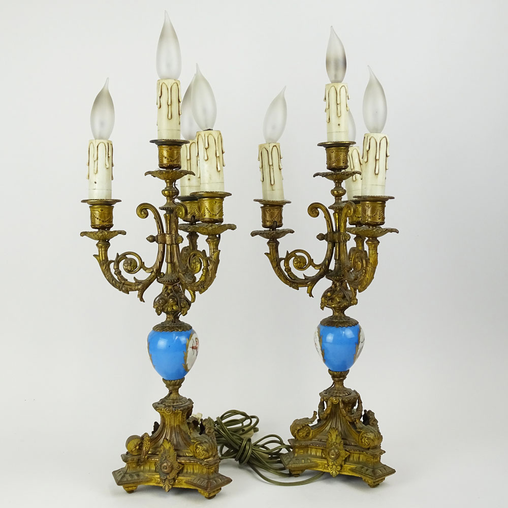 Pair Antique French Gilt Bronze and Porcelain Four (4) Light Lamps.