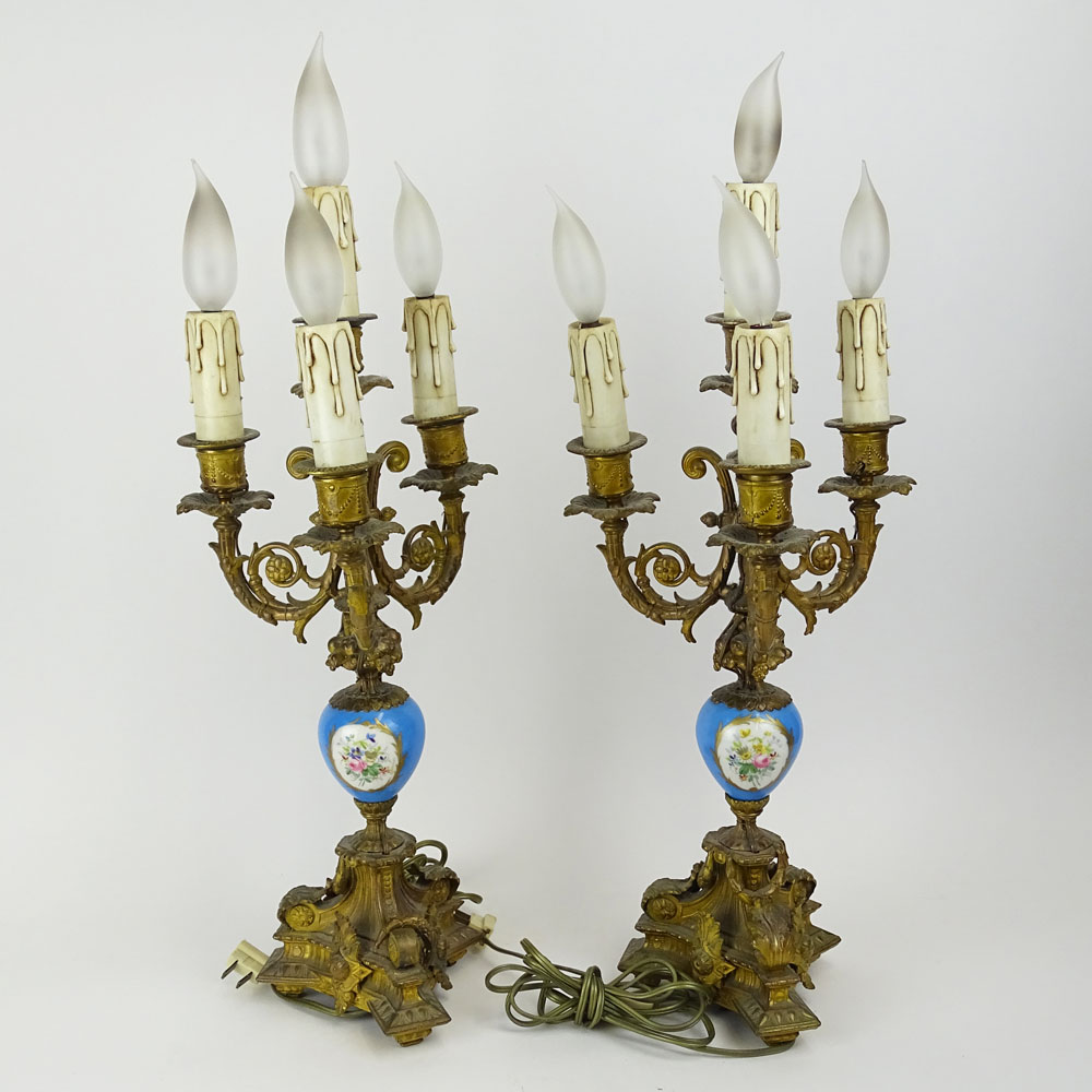 Pair Antique French Gilt Bronze and Porcelain Four (4) Light Lamps.