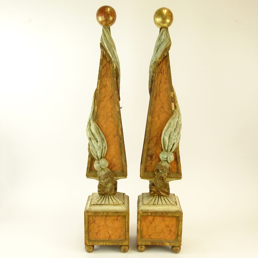 Pair of Early 20th Century Italian Carved Painted and Parcel Gilt Wood Obelisks.