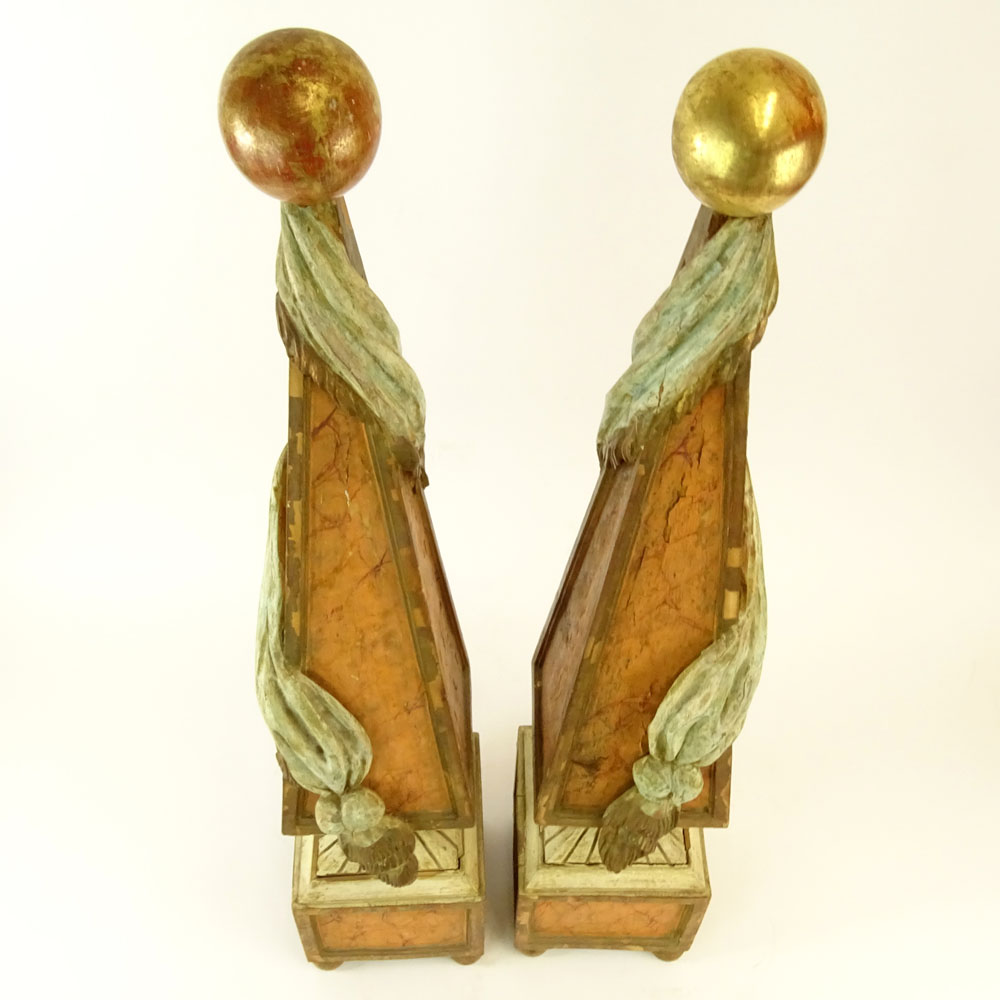 Pair of Early 20th Century Italian Carved Painted and Parcel Gilt Wood Obelisks.