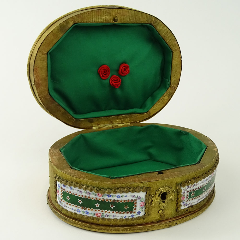 Antique French Cloth Covered Wood Trinket Box with Hand Painted Porcelain Plaques.