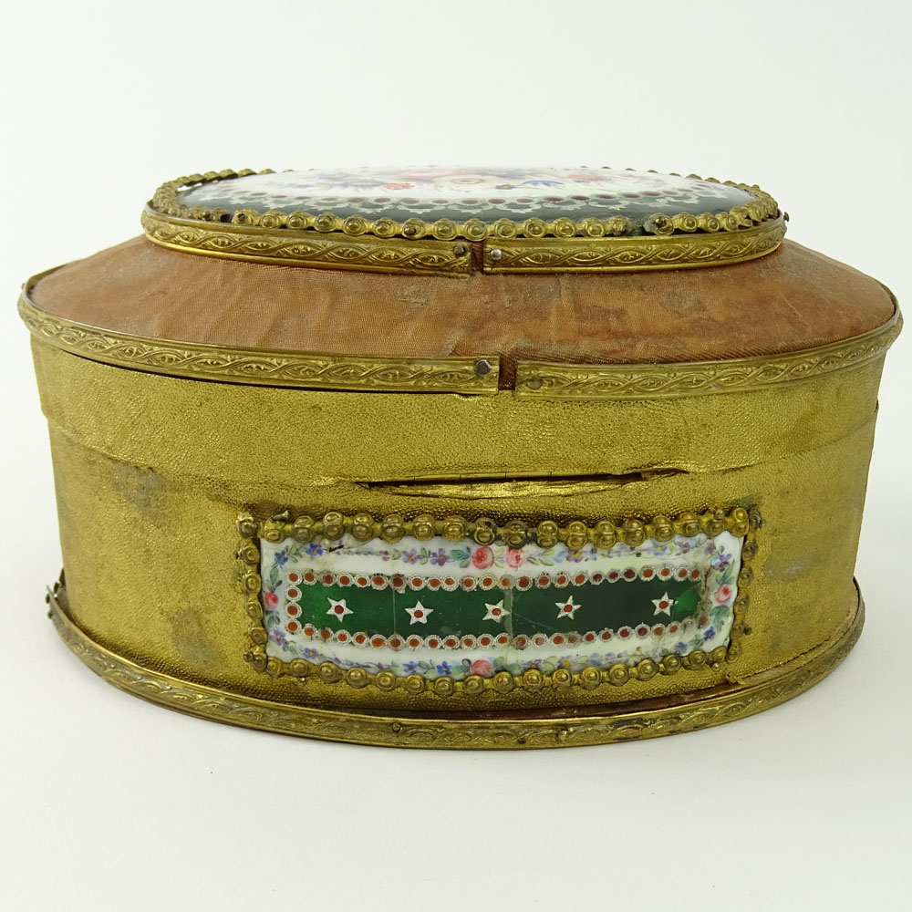 Antique French Cloth Covered Wood Trinket Box with Hand Painted Porcelain Plaques.