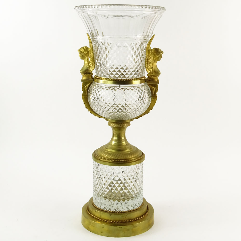 Large Early 20th Century French Possibly Baccarat Gilt Bronze Mounted Cut Crystal Urn. Unsigned