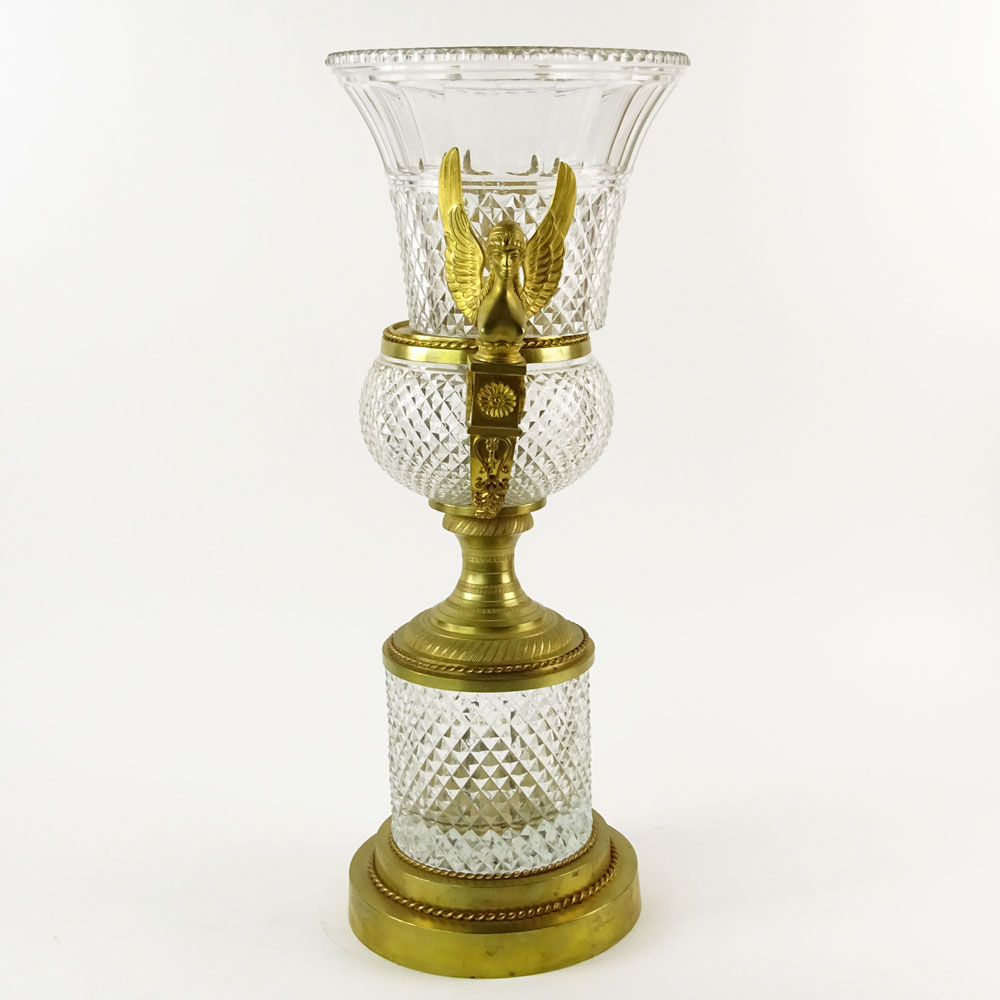 Large Early 20th Century French Possibly Baccarat Gilt Bronze Mounted Cut Crystal Urn. Unsigned