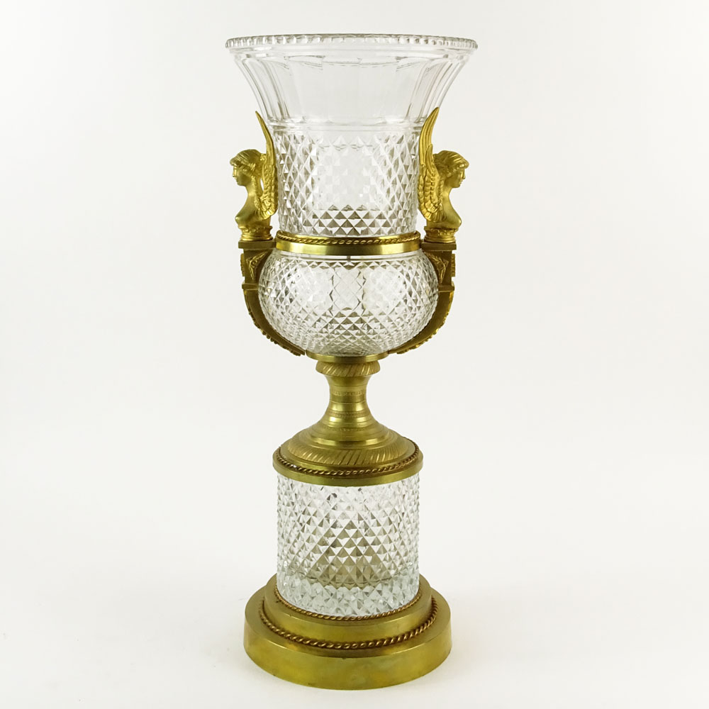Large Early 20th Century French Possibly Baccarat Gilt Bronze Mounted Cut Crystal Urn. Unsigned