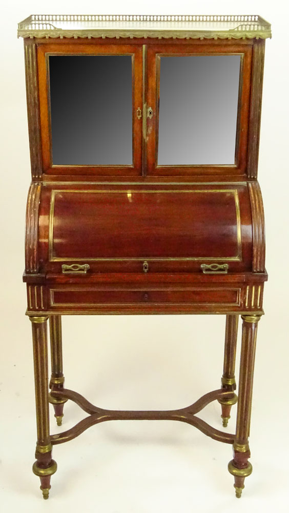 Late 19th Century French Louis XVl Style Bronze Mounted Mahogany Cylinder Bonheur Du Jour With Marble Top.