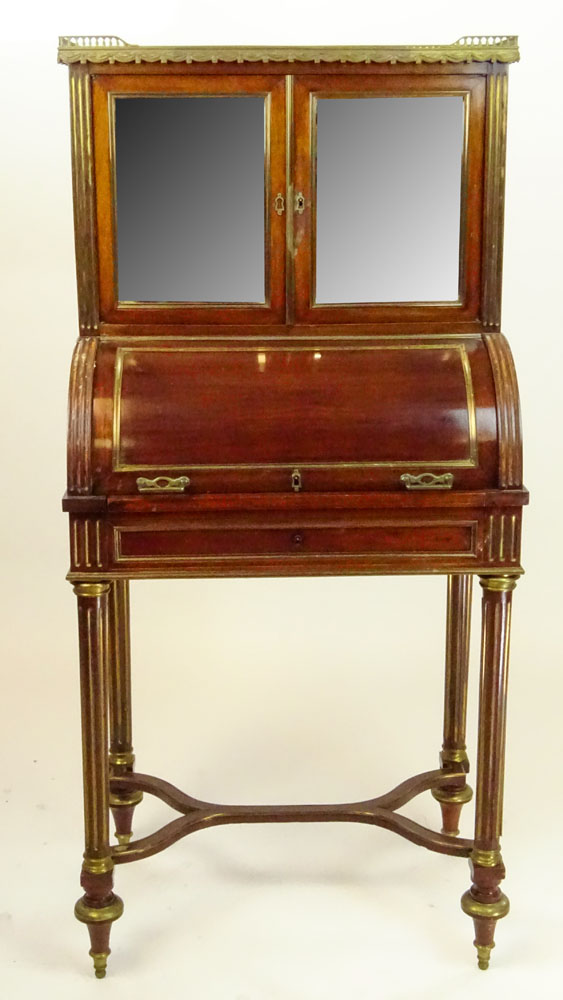 Late 19th Century French Louis XVl Style Bronze Mounted Mahogany Cylinder Bonheur Du Jour With Marble Top.