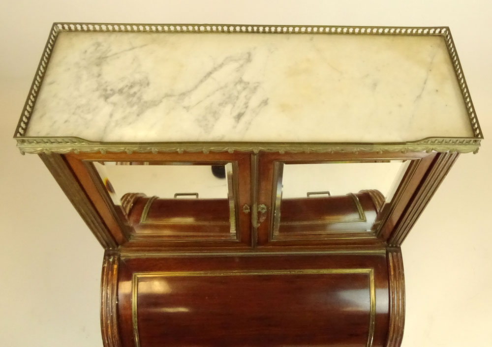 Late 19th Century French Louis XVl Style Bronze Mounted Mahogany Cylinder Bonheur Du Jour With Marble Top.