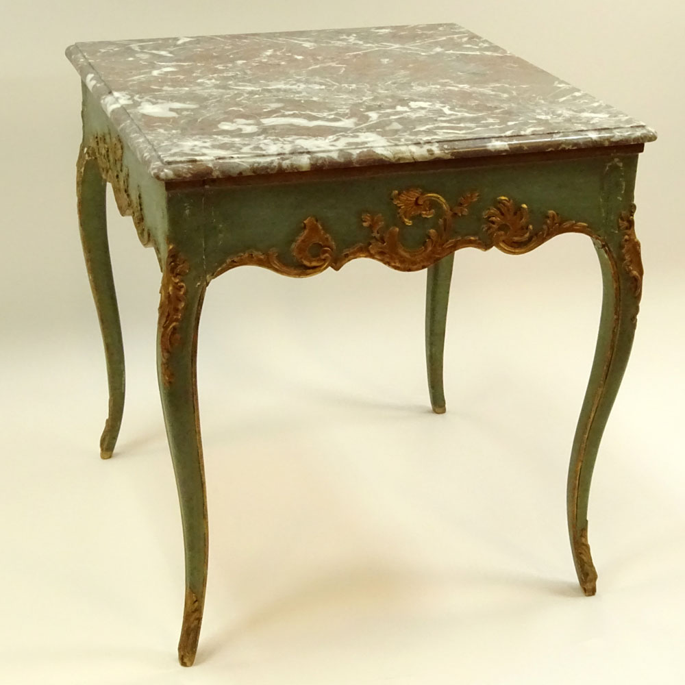 19th Century French Louis XV Style Painted and Parcel Gilt Table With Modern Marble Top.