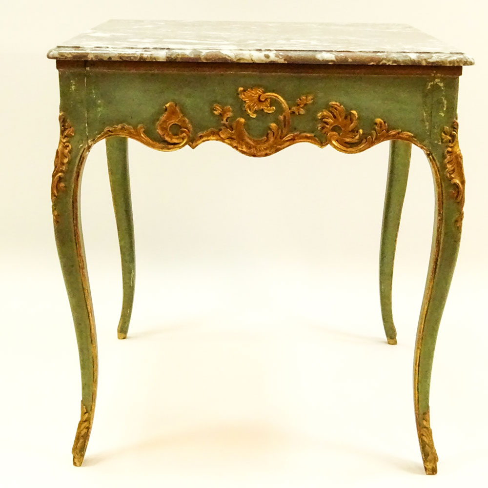 19th Century French Louis XV Style Painted and Parcel Gilt Table With Modern Marble Top.