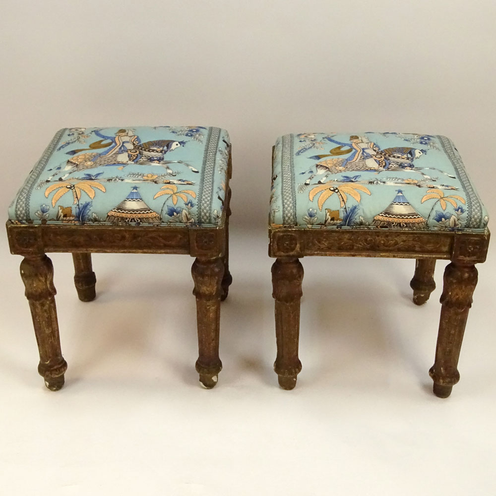 Pair of 18th Century Carved and Giltwood Tabourets. Unsigned. Measures 21-12" Tall x 19" Square.