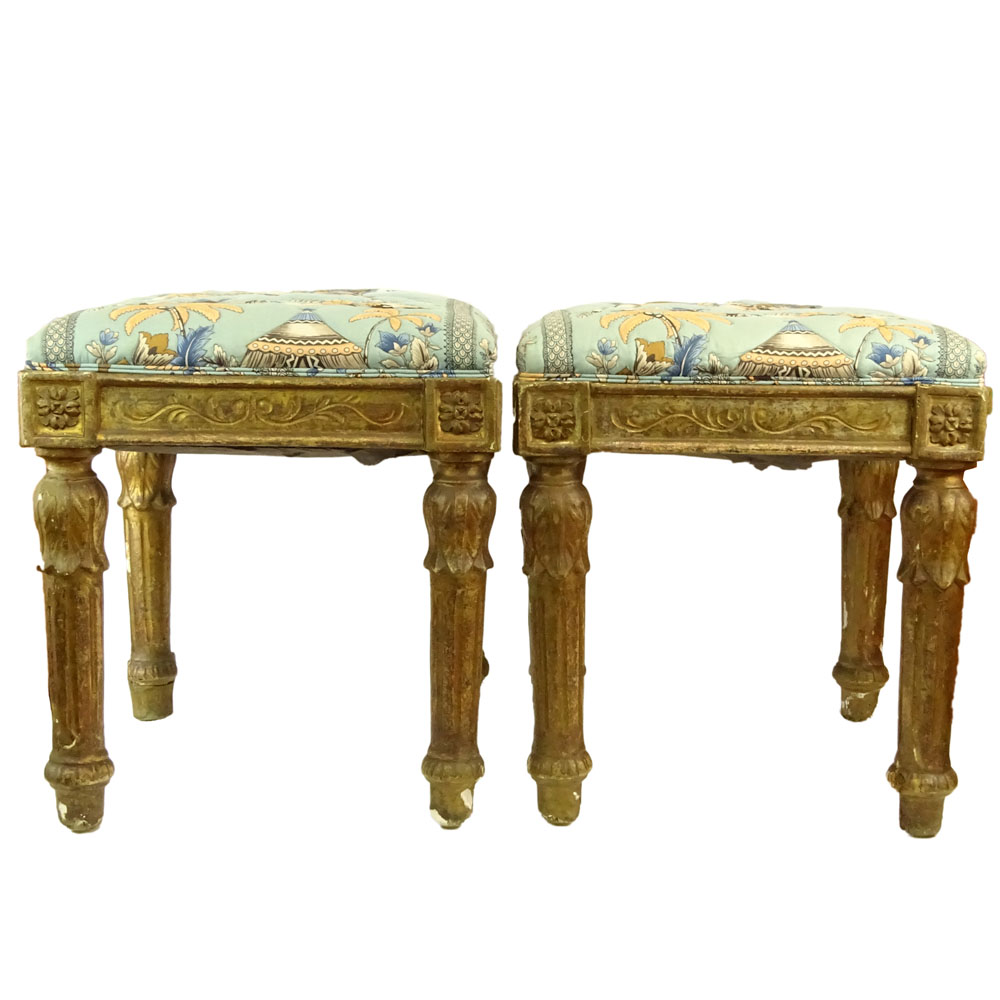 Pair of 18th Century Carved and Giltwood Tabourets. Unsigned. Measures 21-12" Tall x 19" Square.