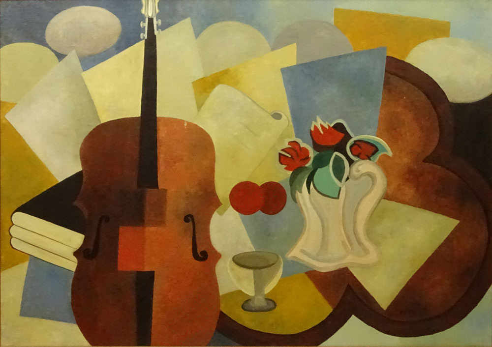 Maurice Louis Tête, French (1880-1948) Oil on Canvas "Still Life With Cello and Flowers" 
