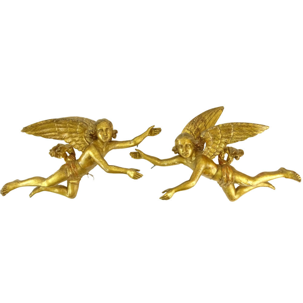 Pair Mid 20th C Century Probably Italian Carved in Gilt Wood Angel Figures.