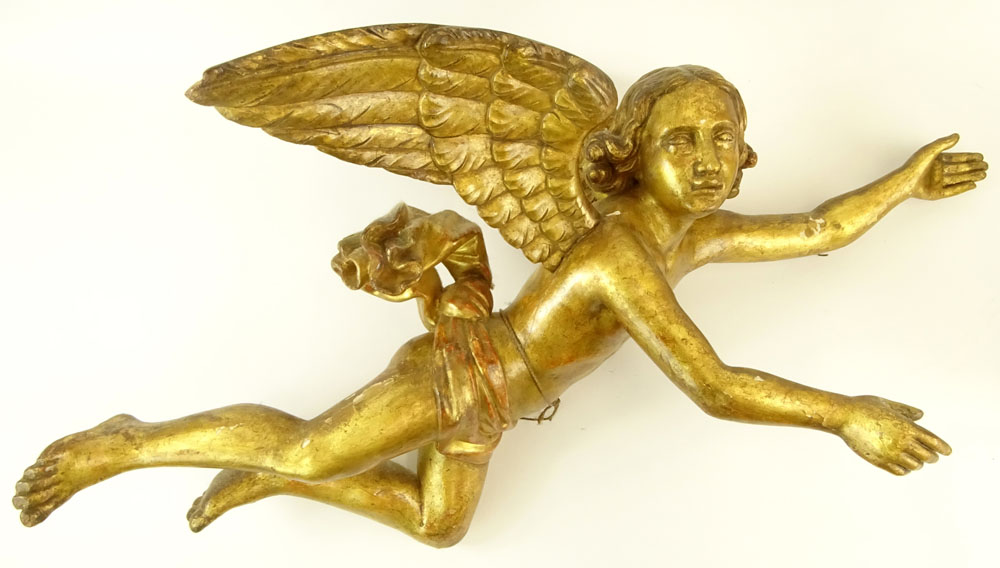 Pair Mid 20th C Century Probably Italian Carved in Gilt Wood Angel Figures.