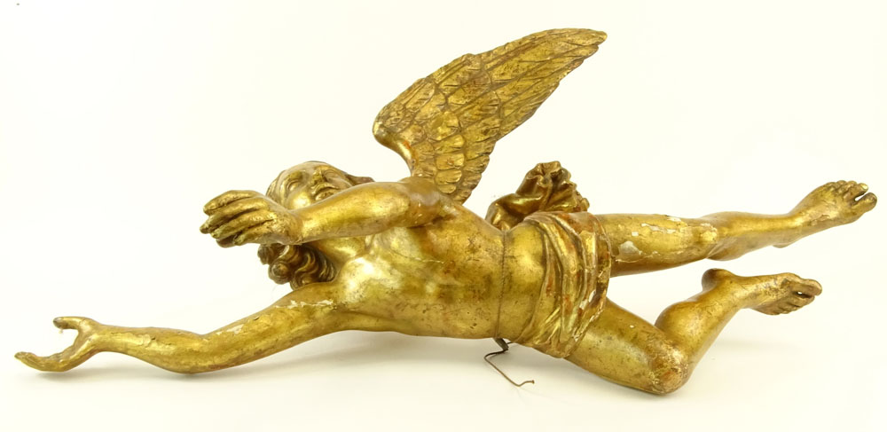 Pair Mid 20th C Century Probably Italian Carved in Gilt Wood Angel Figures.