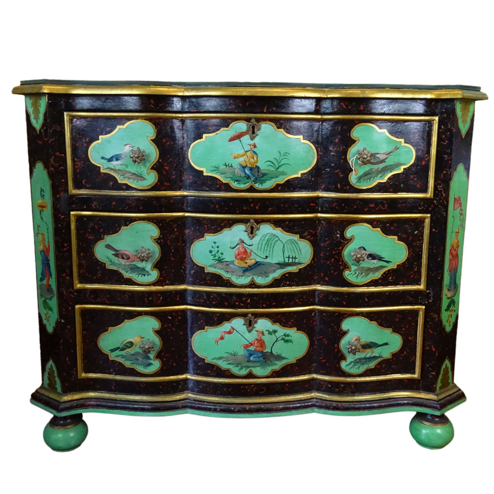 Early 20th Century Chinoiseire style painted three drawer commode with glass top