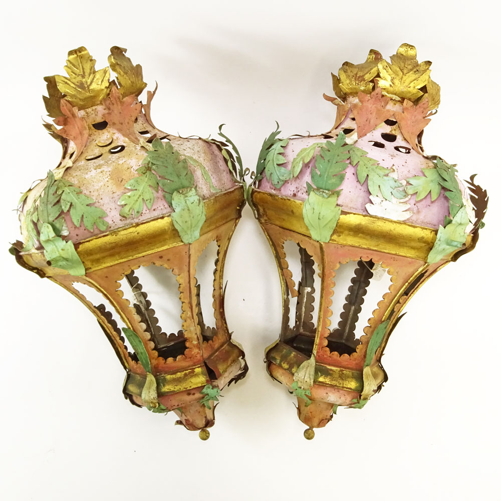 Pair of Early 20th Century Venetian style Painted and Parcel Gilt Tole Hanging Lanterns.