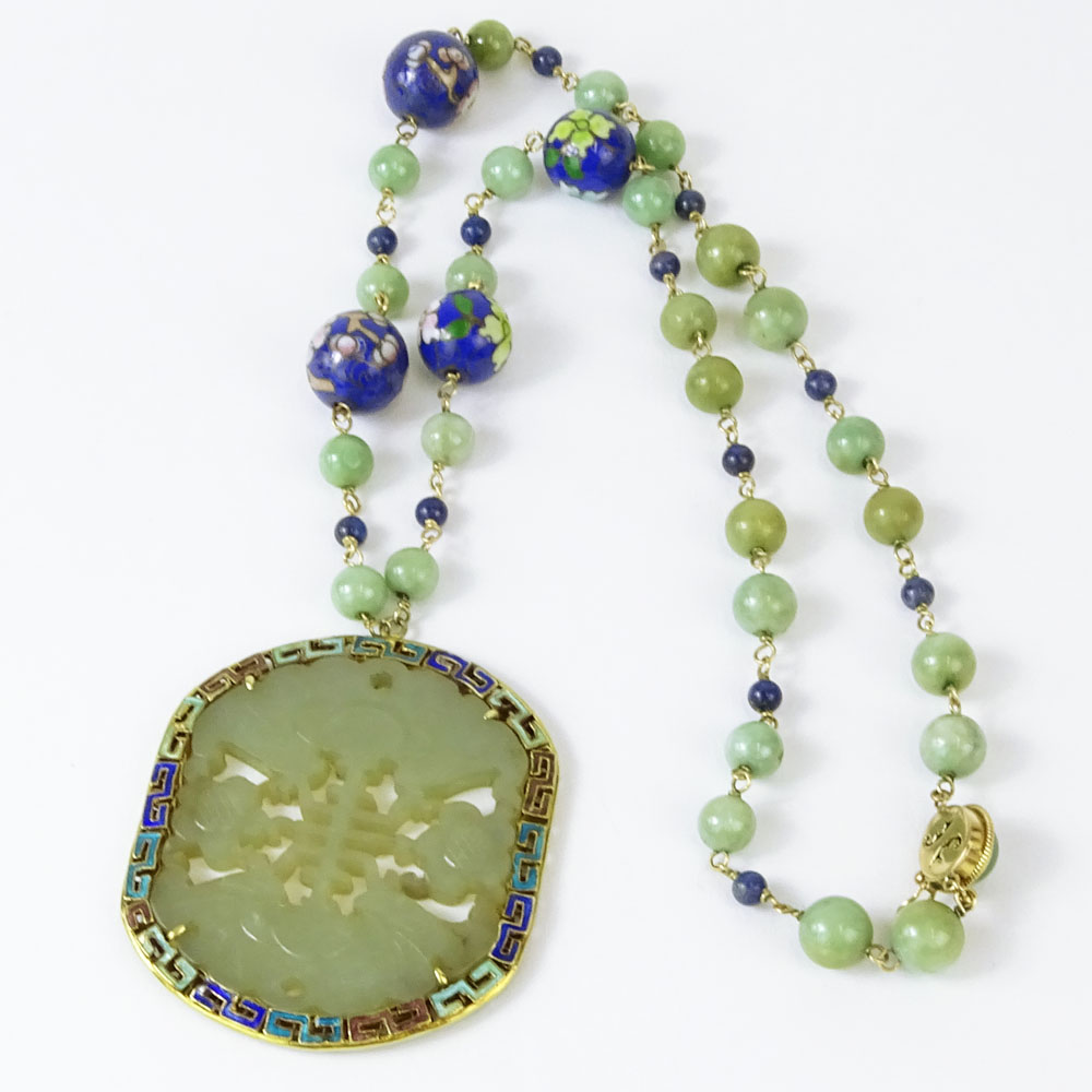 Vintage 14 Karat Yellow Gold, Carved Celadon Jade Pendant, Jade Bead and Cloisonné Enamel Bead Necklace. 