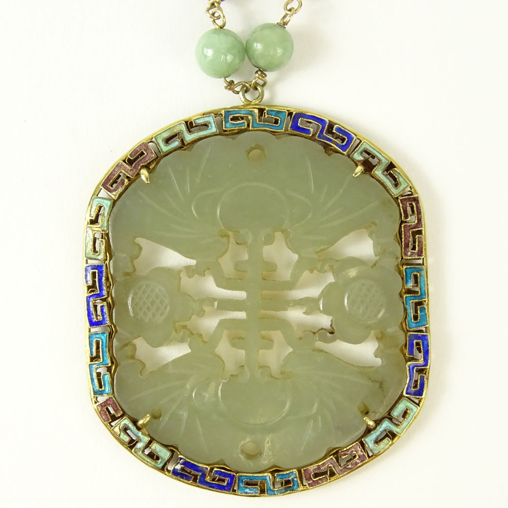 Vintage 14 Karat Yellow Gold, Carved Celadon Jade Pendant, Jade Bead and Cloisonné Enamel Bead Necklace. 