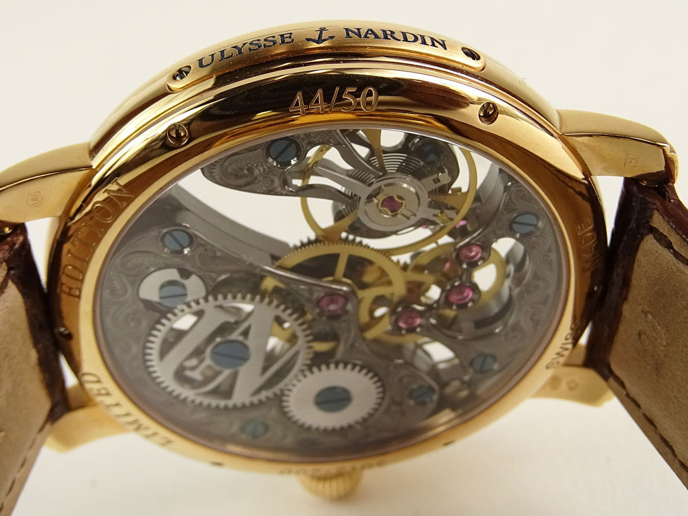 Men's Ulysse Nardin 18 Karat Rose Gold Limited Edition Maxi Skeleton Watch with Box and Papers.