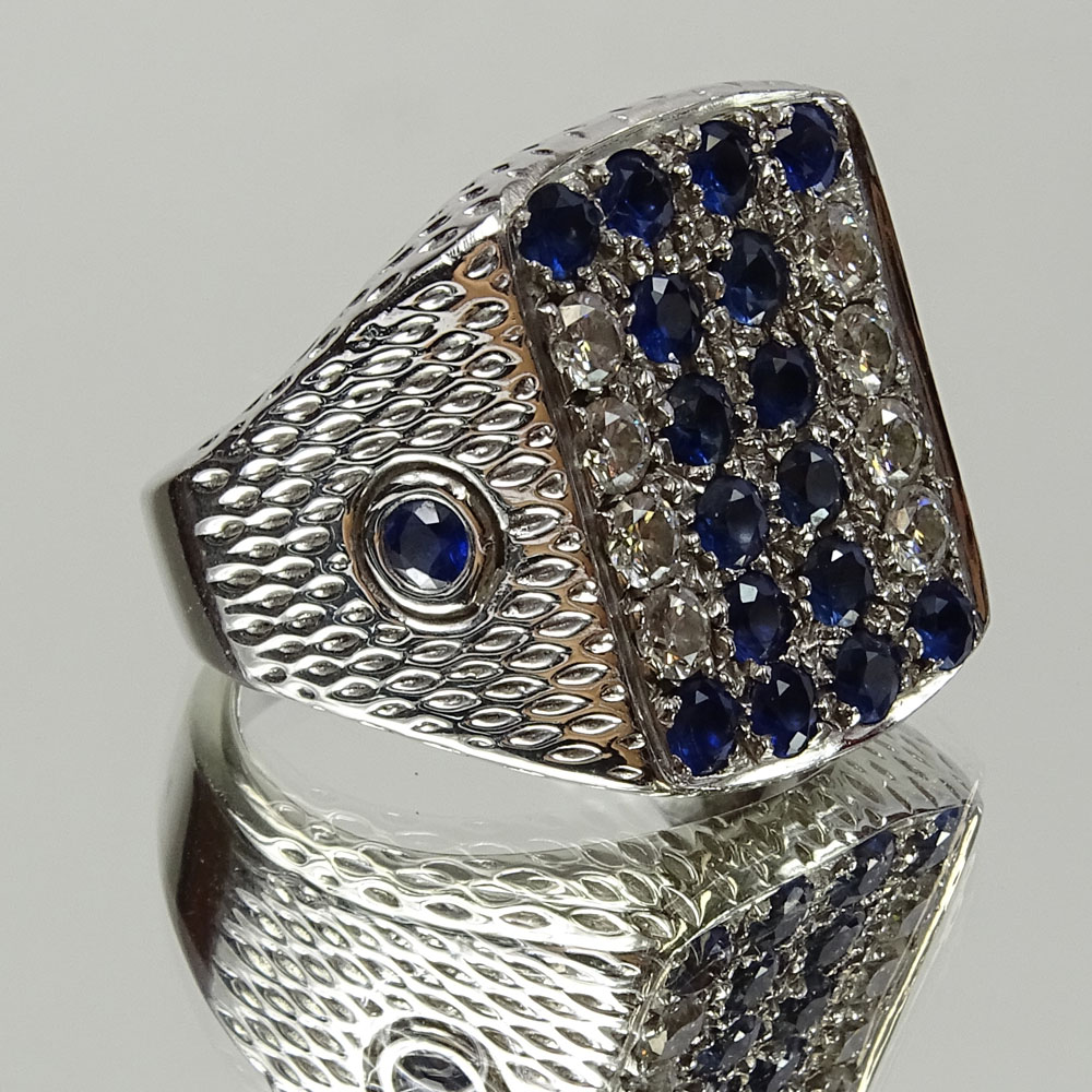 Men's David Yurman style Approx. 2.0 Carat Round Cut Sapphire, 1.0 Carat Round Cut Diamond and 18 Karat White Gold Ring.