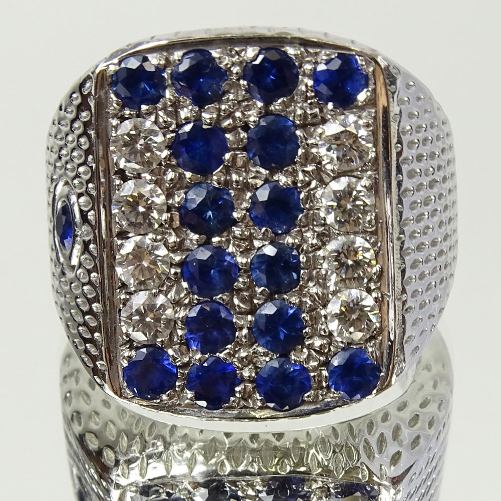 Men's David Yurman style Approx. 2.0 Carat Round Cut Sapphire, 1.0 Carat Round Cut Diamond and 18 Karat White Gold Ring.