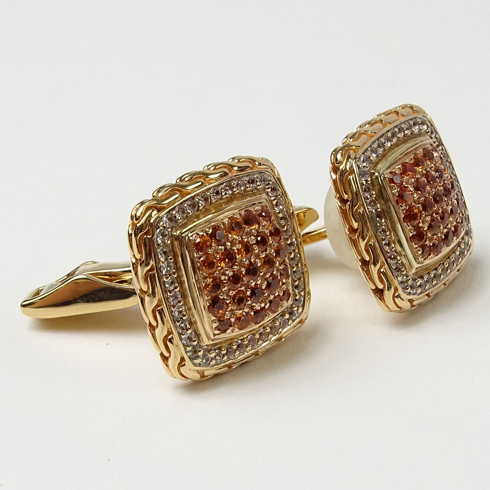 John Hardy Design Men's 18 Karat Rose Gold, Round Cut Diamond and Gem Quality Orange Sapphire Cufflinks. Diamonds E-F color, VS1 clarity.
