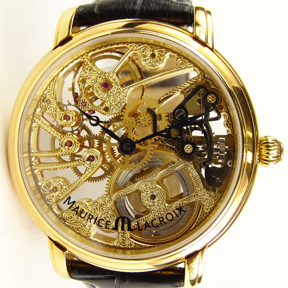 Men's Maurice Lacroix 18 Karat Yellow Gold Skeleton Watch with Box and Papers.
