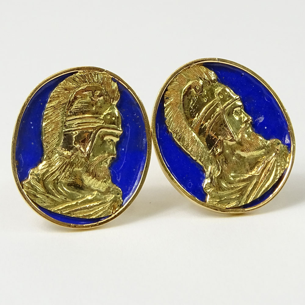 Pair of Men's Antique 18 Karat Yellow Gold and Enamel Roman Soldier Cufflinks.