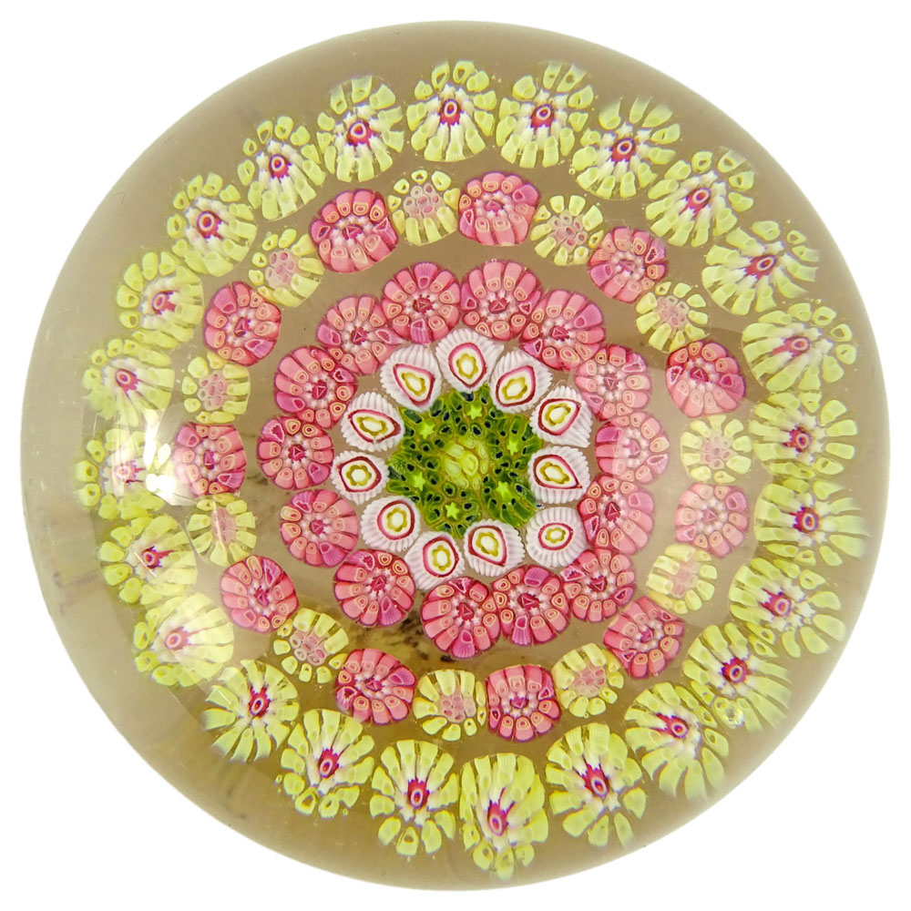Baccarat Glass Paperweight. Concentric pink, yellow, white and green millefiore. 