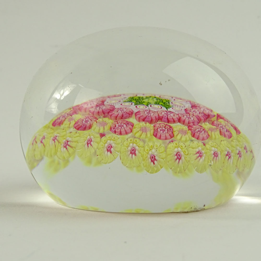 Baccarat Glass Paperweight. Concentric pink, yellow, white and green millefiore. 