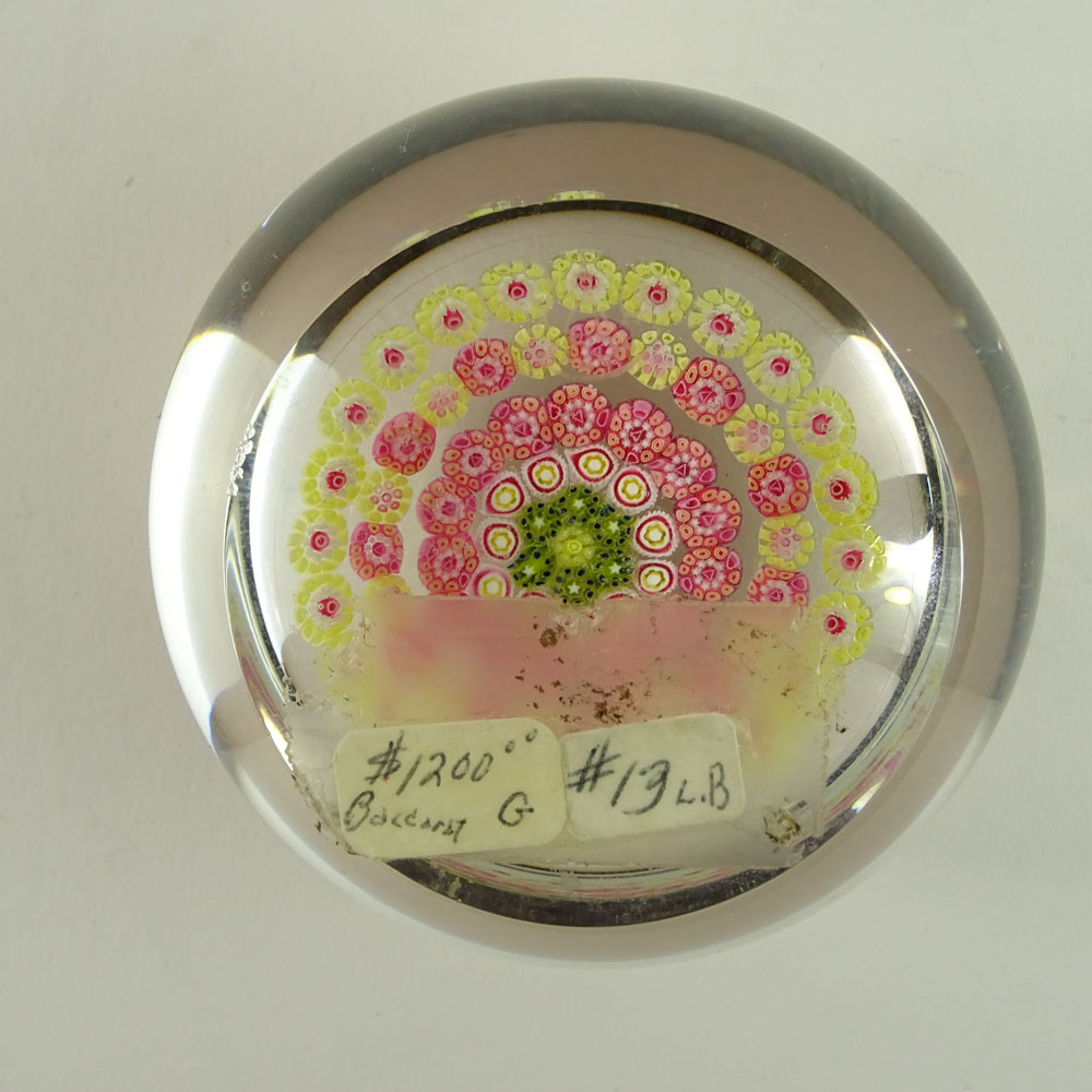 Baccarat Glass Paperweight. Concentric pink, yellow, white and green millefiore. 